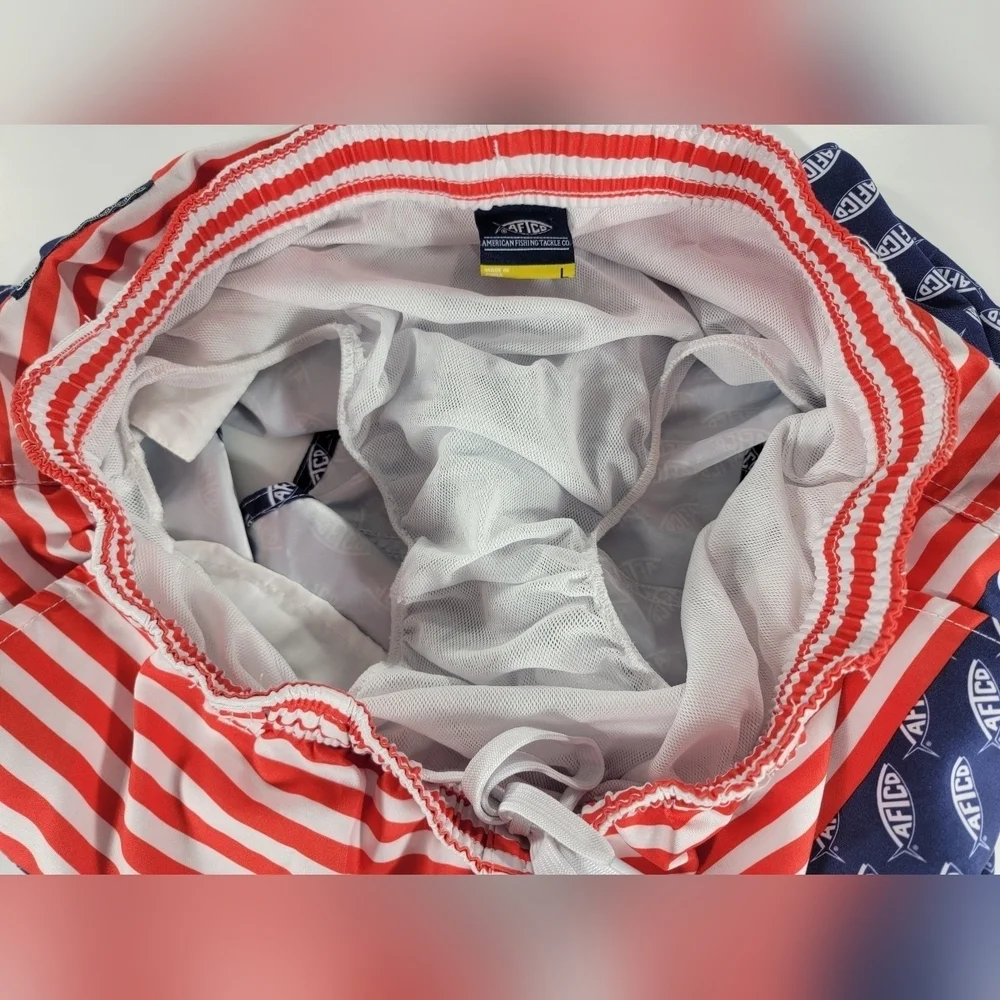 AFTCO Swim Trunks Mens Large Blue Red White USA Flag Print Bathing Suit Shorts
